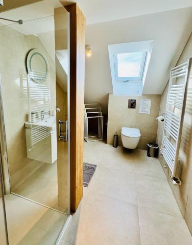 a bathroom with a toilet and a skylight at Nature Apartment in Albrechtice v Jizerských horách