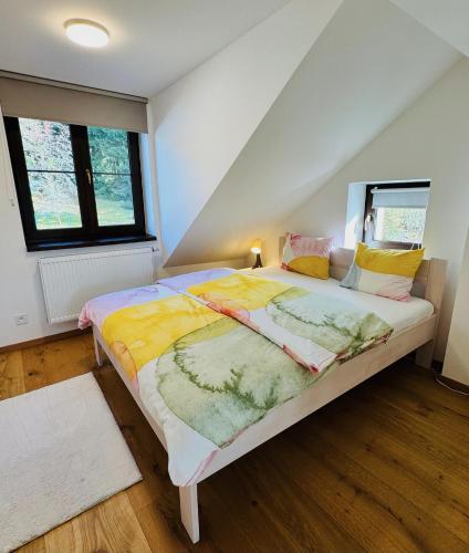 a bedroom with a bed and two windows at Nature Apartment in Albrechtice v Jizerských horách