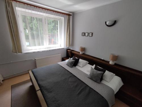 a bedroom with a large bed with a window at Willa Anna in Nałęczów