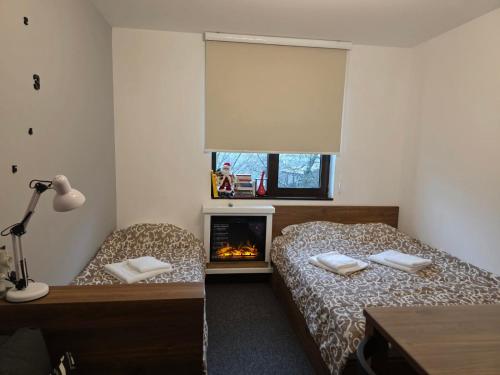 una camera da letto con due letti e un camino di Snow White apartman Vila Bela reka 50m from gondola - free parking a Brzeće