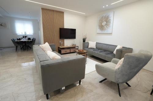 a living room with a couch and chairs and a television at Les suites du lion in Rosheim