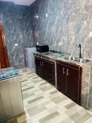 una cocina con fregadero y encimera en T Apartment, en Ogijo