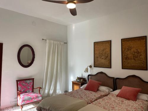 ein Schlafzimmer mit einem Bett, einem Stuhl und einem Spiegel in der Unterkunft Gran casa señorial de 300m en centro histórico in El Puerto de Santa María