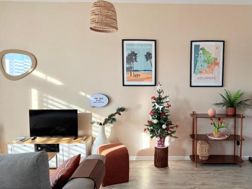 ein Wohnzimmer mit Sofa und Fernseher in der Unterkunft Appartement Cosy avec Balcon in Parentis-en-Born