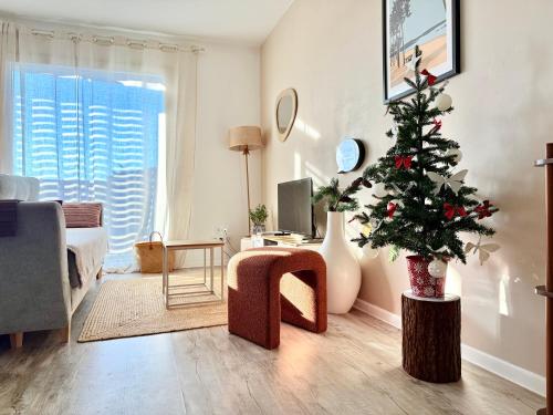 ein Wohnzimmer mit einem Weihnachtsbaum und einer Couch in der Unterkunft Appartement Cosy avec Balcon in Parentis-en-Born