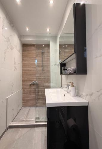 a bathroom with a shower and a sink and a sink at Panorama Sunvilles Apartment 6 in Thessaloniki
