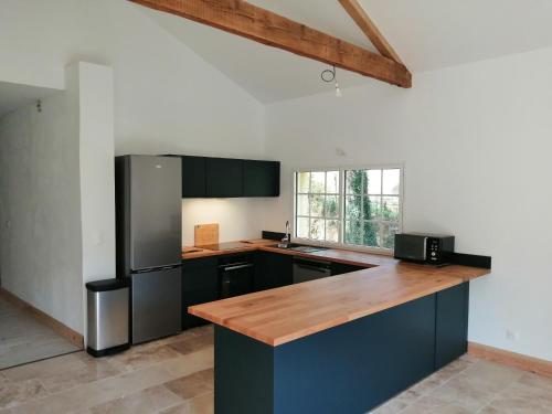 a kitchen with a refrigerator and a wooden counter top at Moulin les Forges gîte 12 places avec piscine chauffée en Périgord in Gavaudun