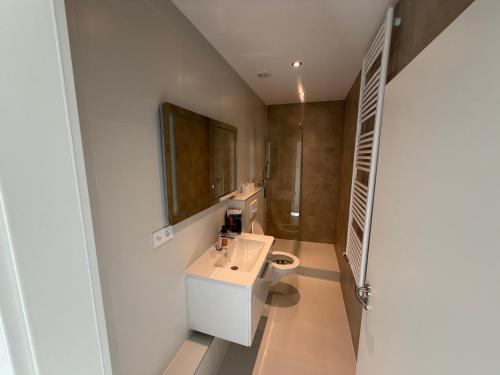a bathroom with a sink and a toilet and a mirror at Lumio in Košice