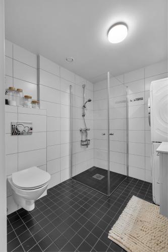 a white bathroom with a toilet and a shower at Northstay - Cozy Arctic Apartment, Free Parking in Tromsø