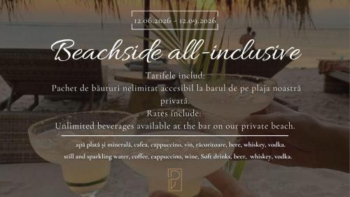 ein Flyer für ein All-inclusive-Restaurant am Strand mit einem Glas Wein in der Unterkunft Panoramic Mamaia Hotel in Mamaia
