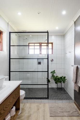 a bathroom with a shower with a plant in it at Hippo Hollow Country Estate in Hazyview