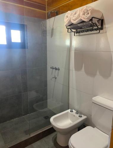 a bathroom with a shower and a toilet and a sink at San Yucac Relax in Los Reartes