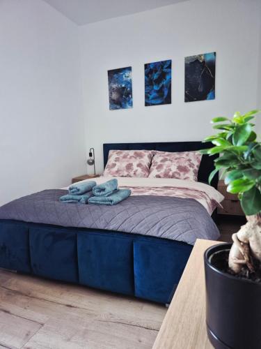 a bedroom with a blue bed with two towels on it at Apartament Moniuszko in Jedlina-Zdrój