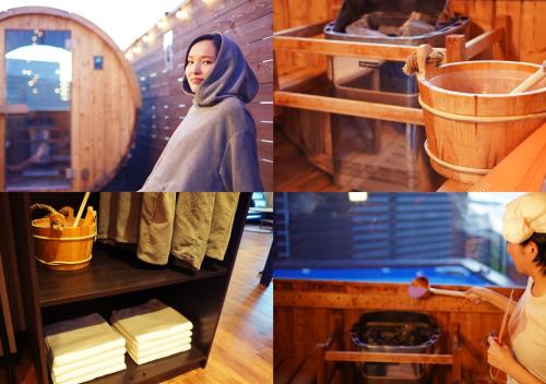 a collage of pictures of a woman in a room at Kubikai in Itoshima