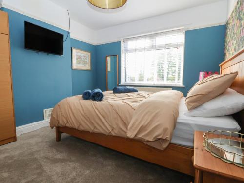 a bedroom with blue walls and a bed with pillows at The Lily Pad in Chester