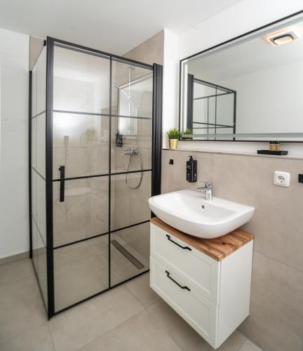 a bathroom with a sink and a shower at Cozy 9 in Hamburg