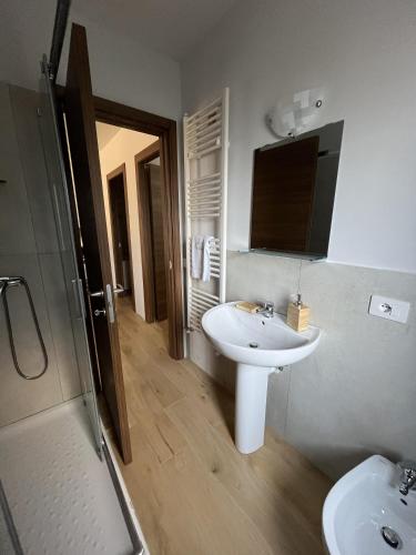 a bathroom with a white sink and a shower at Tra il bosco e il lago in Lorica
