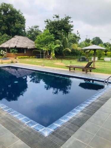 a swimming pool with a bench next to a house at Tiara Elephant Lodge in Habarana