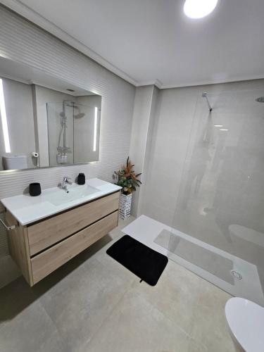 ein Badezimmer mit Waschbecken und Dusche in der Unterkunft MEQUEDO Casa Alicia in Alcañiz