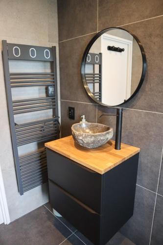 a bathroom with a sink and a mirror at L'échappée Alsacienne - Studio in Saint-Louis in Saint-Louis