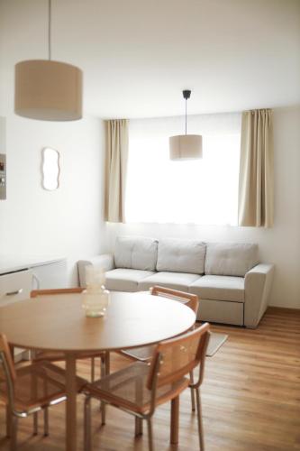 塞尔纳珀苏马维Útulný apartmán s výhledem na Lipno的客厅里有一张桌子和一张沙发