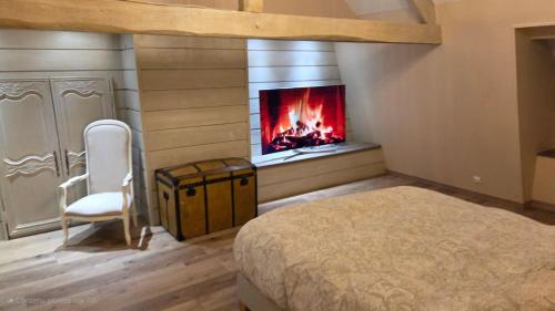 ein Schlafzimmer mit einem Bett und einem Kamin in der Unterkunft Villa pour 24h auto le mans in Teloché
