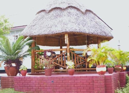 un kiosque avec un toit de paille et des plantes en pot dans l'établissement Daud Monica Staycation Home, à Manyema