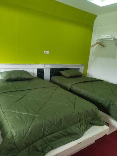 a green bedroom with two beds and a green wall at Embun Pagi Alami in Telukladang