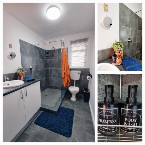 a bathroom with a toilet and a shower and a sink at Agulhas Stay in Agulhas
