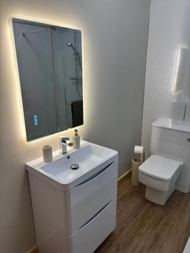 a bathroom with a white sink and a toilet at Lighthouse View in Lochboisdale