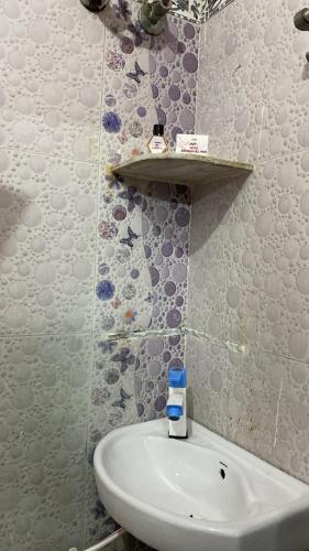 a bathroom with a sink and a shelf on the wall at Aakarsh Hill View Hotel in Rājgīr