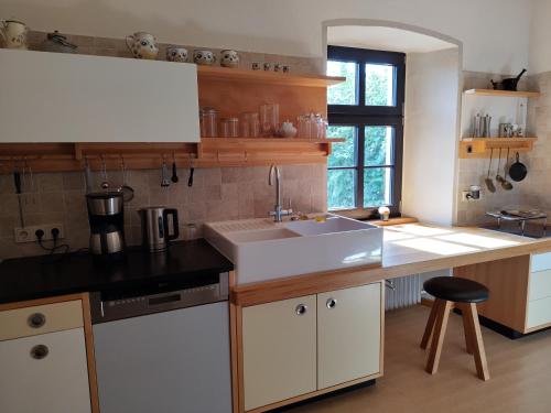 eine Küche mit Spüle und Arbeitsplatte in der Unterkunft Feriendomizil Hunsrück und Mosel in Berglicht