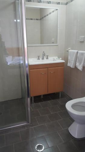 a bathroom with a toilet and a sink and a shower at Gardners Inn Hotel in Blackheath