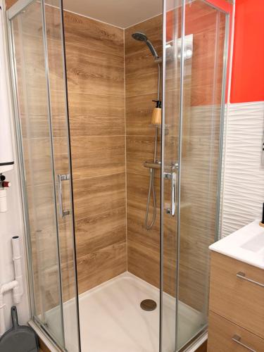 a shower with a glass door in a bathroom at L'atelier du Charme Dole Centre in Dole