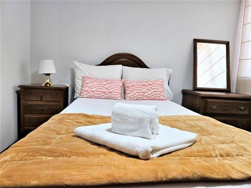 a bed with a white blanket and two pink pillows at LUCINDA`S HOUSE in Braga