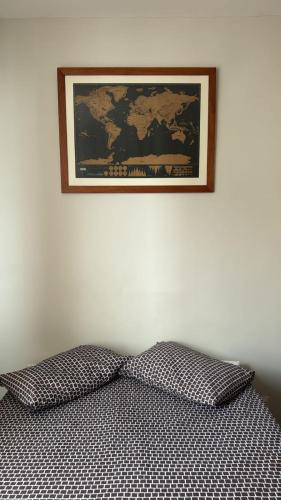 a bed with two pillows and a picture on the wall at Loft Salvador in Salvador