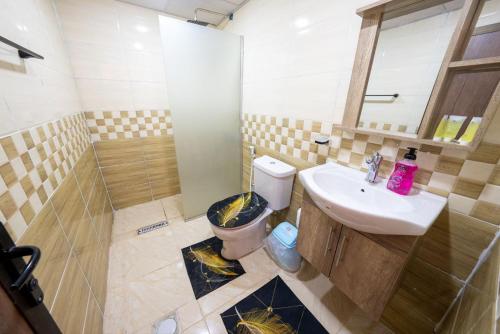 un baño con inodoro y lavabo en Rum Travel with Mohammad, en Wadi Rum