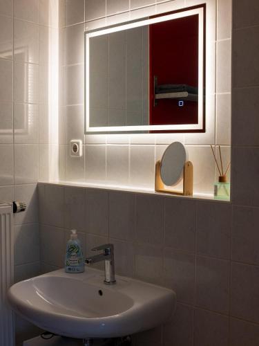 a bathroom with a sink and a mirror at Ferienwohnung Hollerberg in Schwarzenberg/Erzgebirge