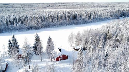 eine rote Hütte im Schnee neben einem Wald in der Unterkunft Lapin Villa Hiisi joen rannalla in Ranua
