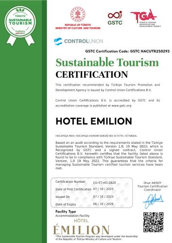 um folheto para avaliação hospitalar de certificação em turismo sustentável em Emilion Hotel em Istambul