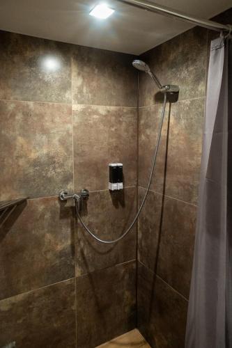 a bathroom with a shower with a shower curtain at Bilyi Slon Gadzhyna in Bystshets