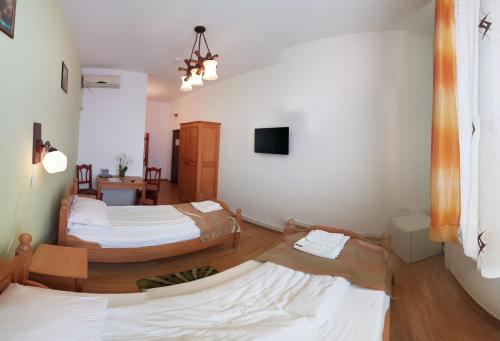 a room with two beds and a tv on the wall at Pensiunea Muresul in Târgu-Mureş