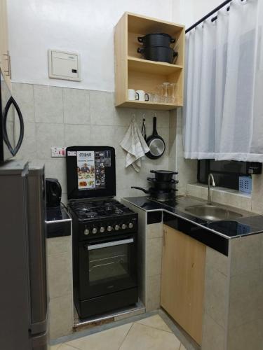 a small kitchen with a stove and a sink at Serene luxe homes in Thika