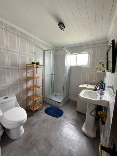 ein Badezimmer mit Toilette, Dusche und Waschbecken in der Unterkunft Casa en algarrobo con hermosa vista al mar in Algarrobo