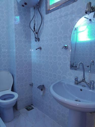 Un baño con un inodoro blanco y un lavabo. en Ramsess Hotel, en Luxor