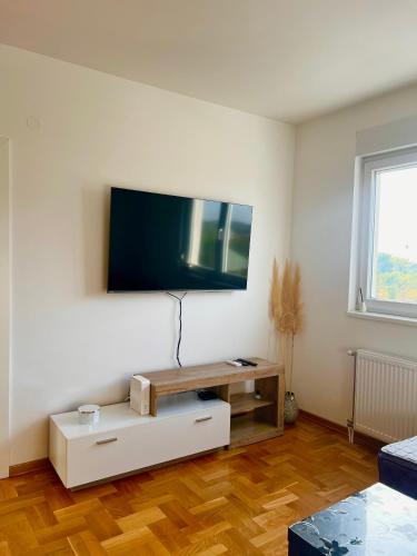a living room with a flat screen tv on a wall at Apartman Kalina in Belgrade
