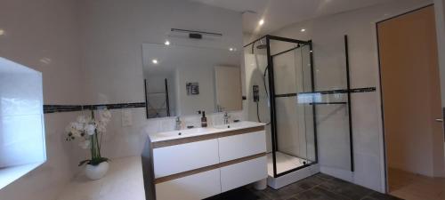 a bathroom with a sink and a glass shower at Maison confortable 6 personnes - 3 chambres - Espaces partagés in Saint-Sauvant