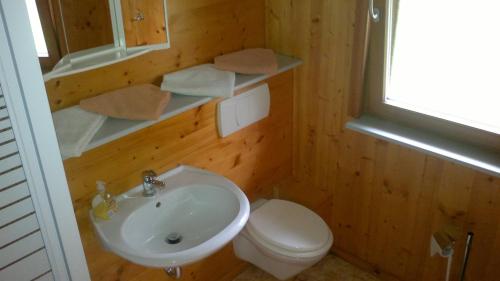 ein kleines Bad mit einem Waschbecken und einem WC in der Unterkunft Ferienwohnungen Goller in Großkoschen