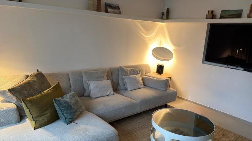 uma sala de estar com um sofá e uma TV de tela plana em Pieds dans l'eau Private Wellness Bordure de Meuse em Lustin