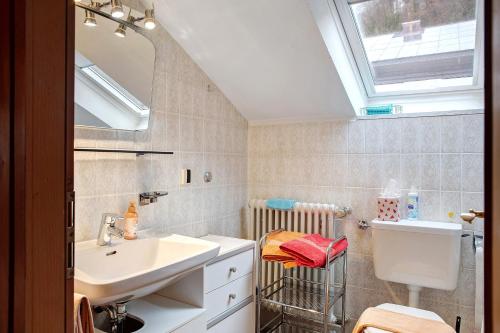 a bathroom with a sink and a toilet and a window at Haus Palais in Münstertal